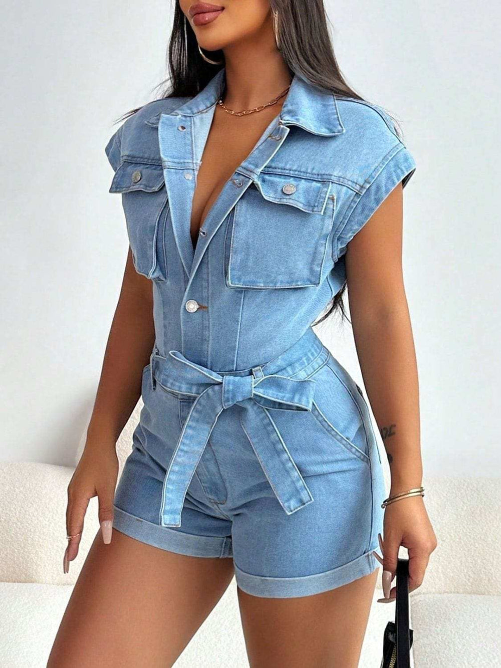 Tie Waist Cap Sleeve Denim Romper - Trendsi - Flyclothing LLC