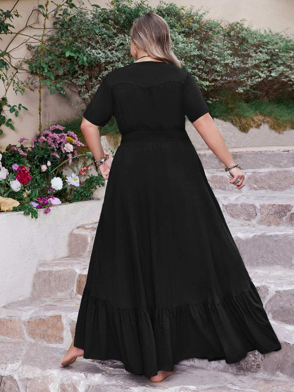 Plus Size Ruffled Hem Button Down V-Neck Short Sleeve Maxi Dress - Trendsi - Flyclothing LLC