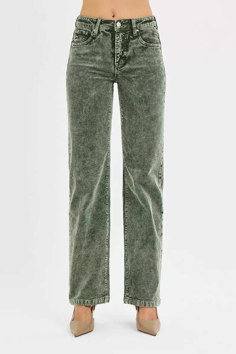 RISEN Tummy Control Mid Rise Straight Leg Corduroy Pants - Trendsi - Flyclothing LLC