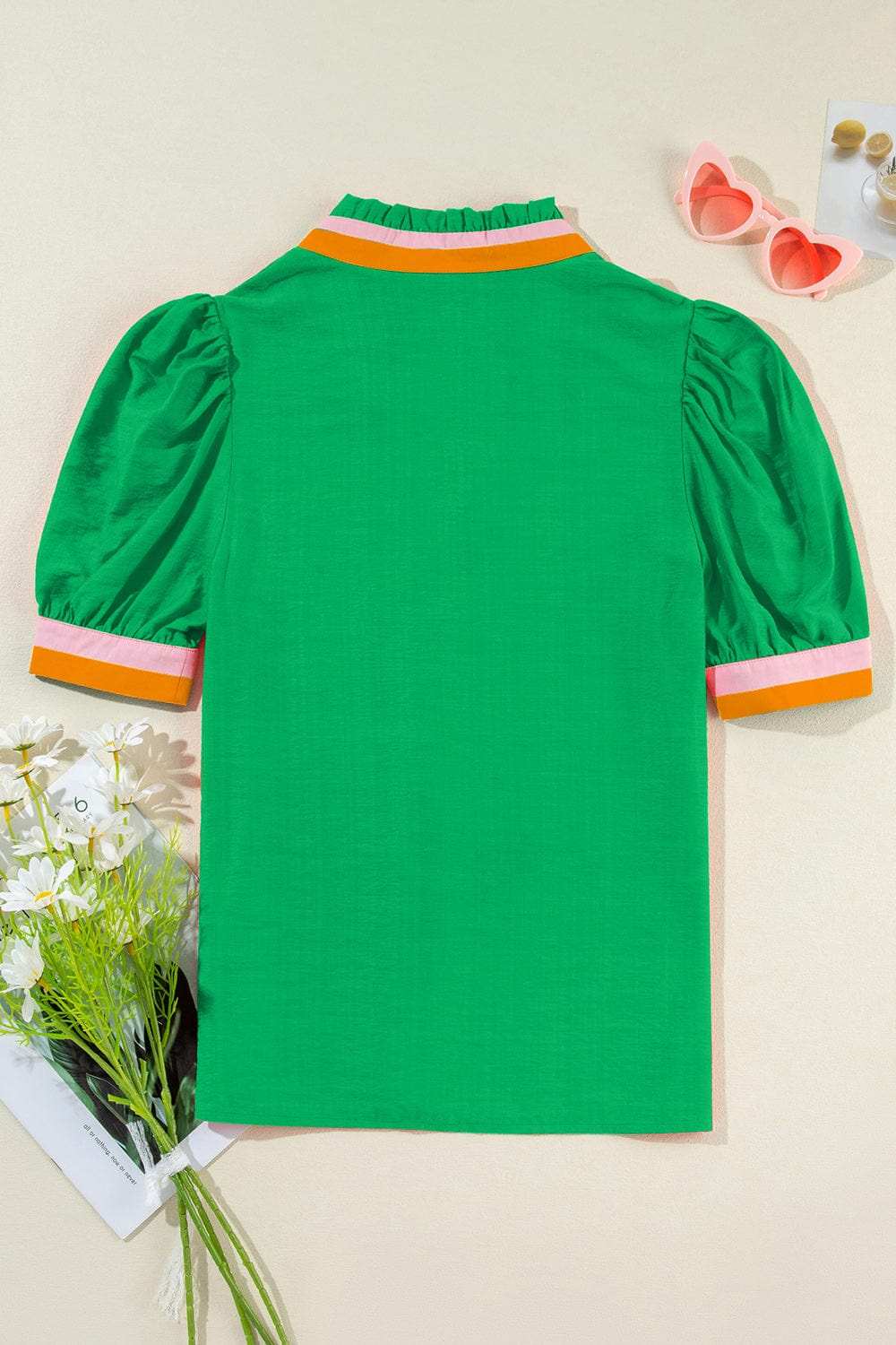 Contrast Trim Notched Short Sleeve Blouse - Trendsi - Flyclothing LLC