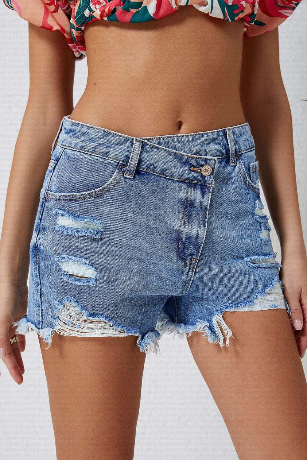 High Rise Crossover Waist Denim Shorts - Trendsi - Flyclothing LLC