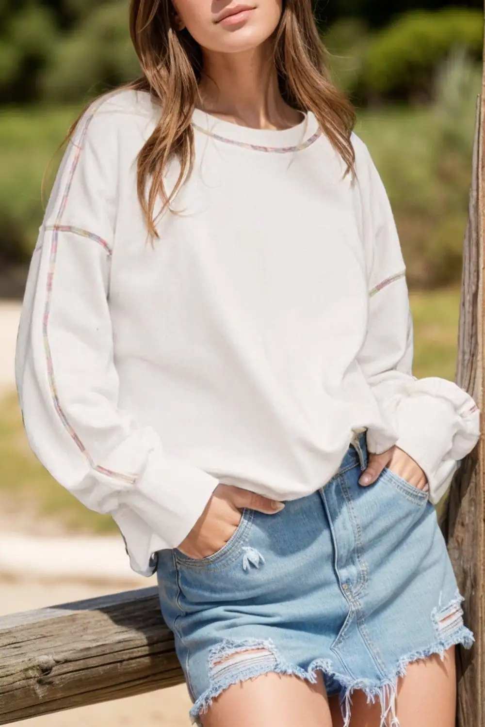 Rainbow Trim Round Neck Long Sleeve Sweatshirt - Trendsi - Flyclothing LLC