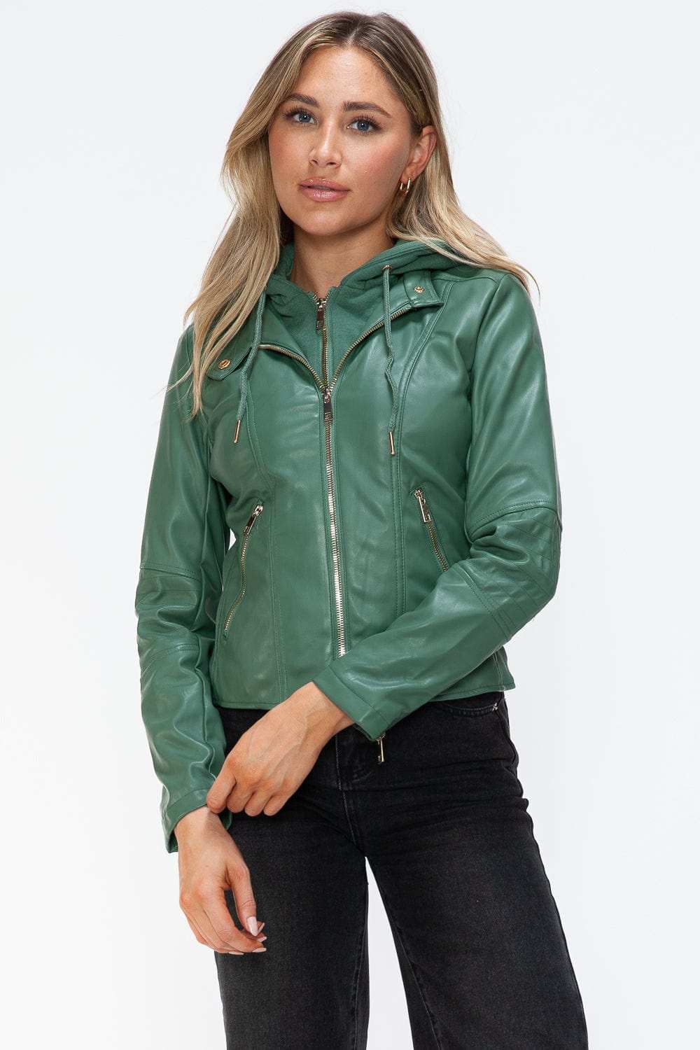 Snobbish Faux Leather Zip Up Drawstring Hooded Jacket - Trendsi - Flyclothing LLC