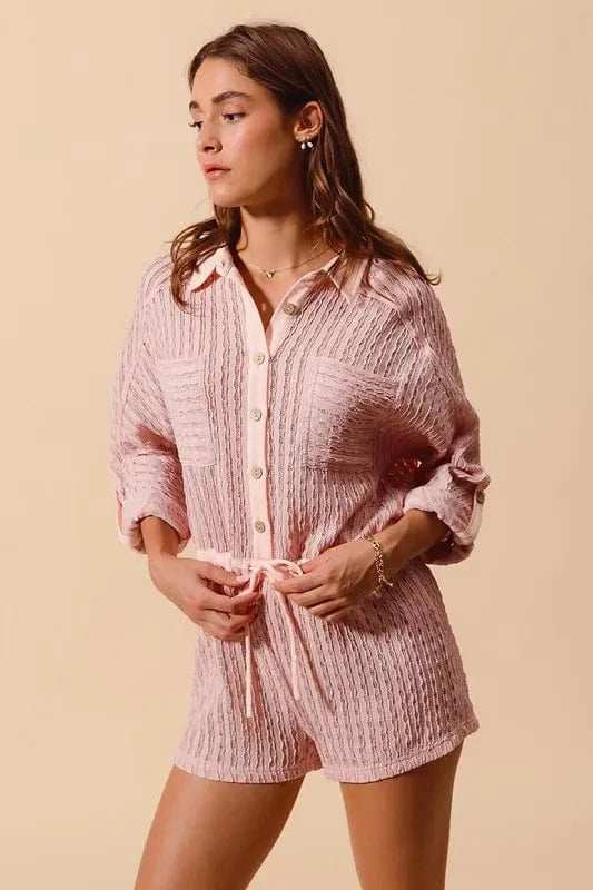 SO ME Textured Knit Button Front Romper - Trendsi - Flyclothing LLC
