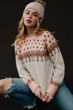 Geometric Contrast Round Neck Long Sleeve Sweater - Trendsi - Flyclothing LLC