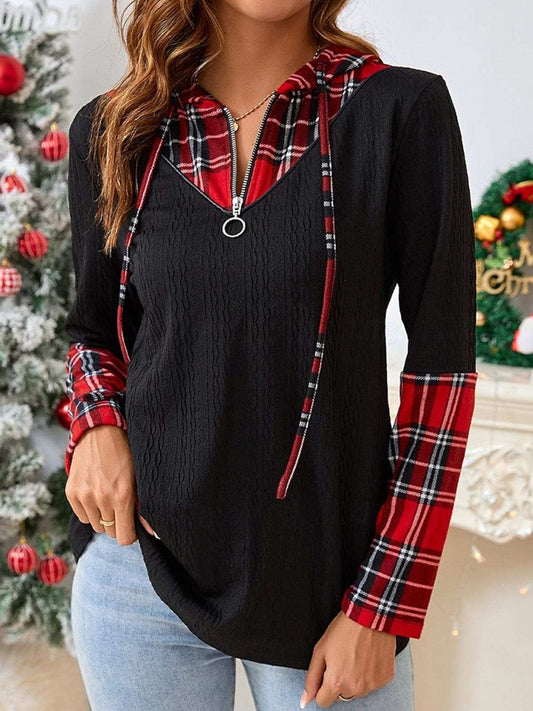 Plaid Quarter Zip Hooded T-Shirt - Trendsi - Flyclothing LLC