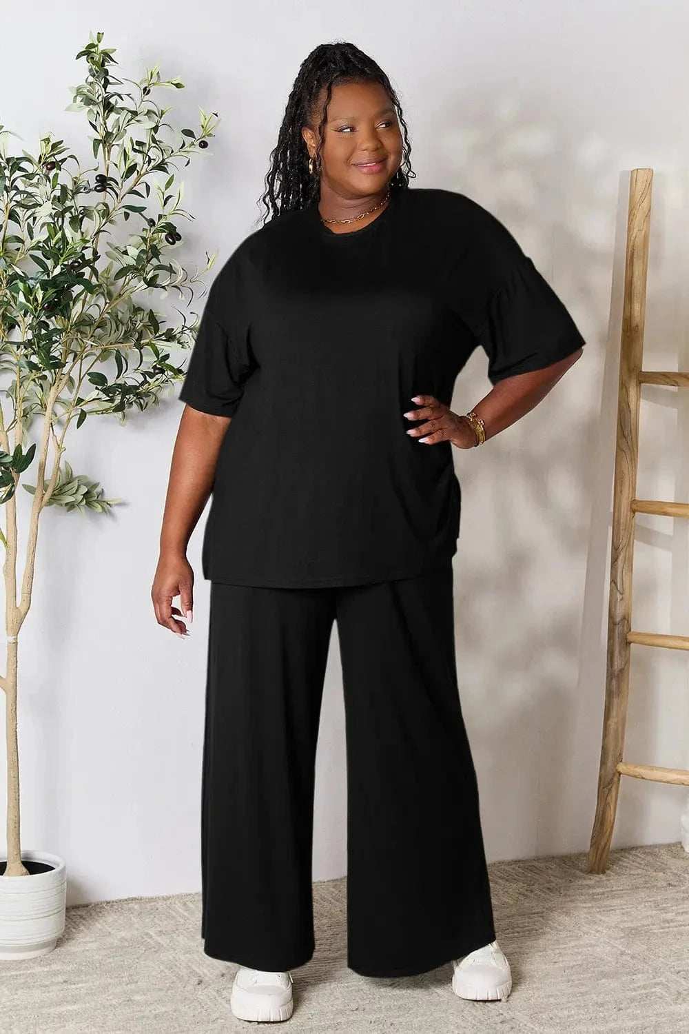Double Take Full Size Round Neck Slit Top and Pants Set - Trendsi - Flyclothing LLC