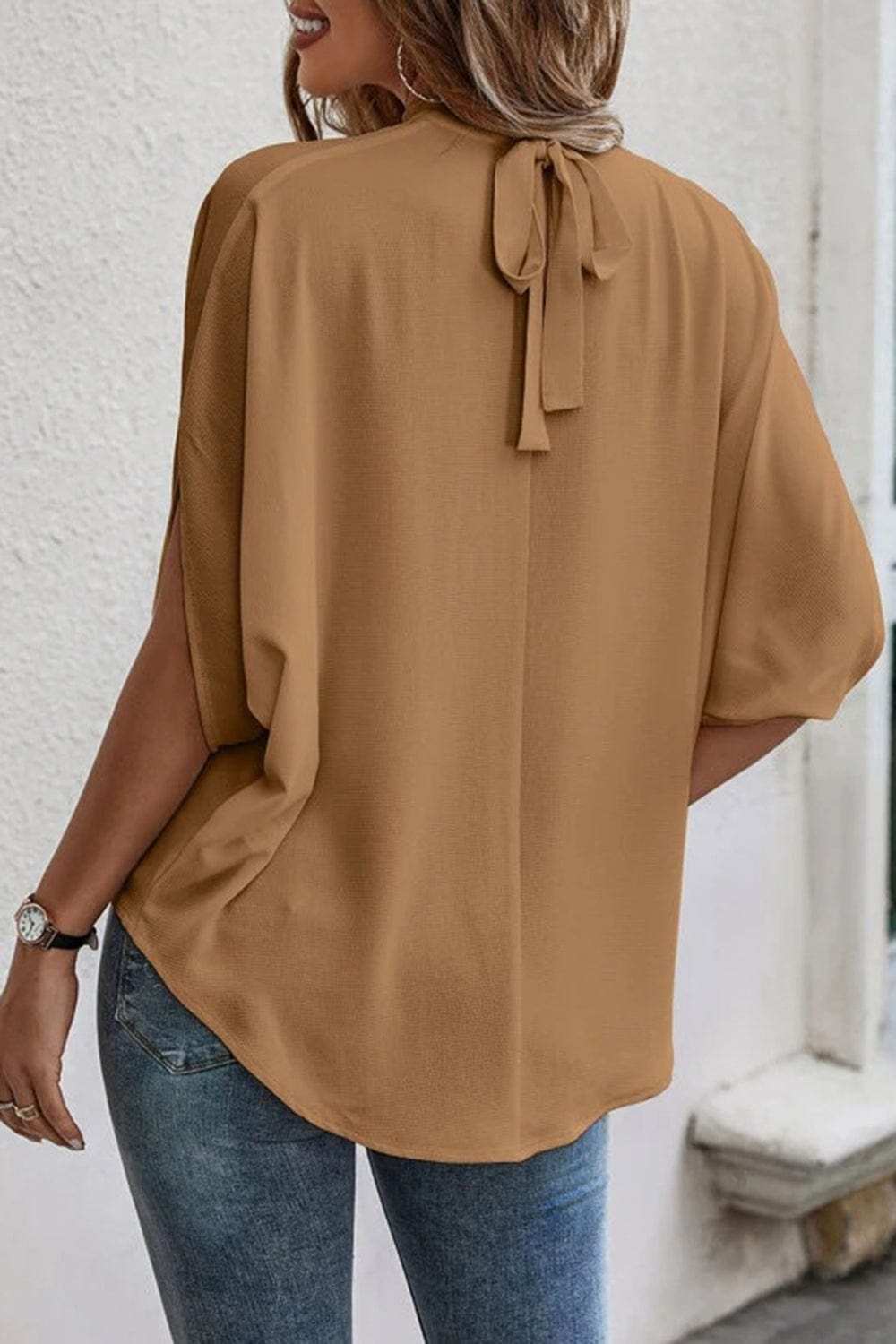 Tie Back Slit Half Sleeve Blouse - Trendsi - Flyclothing LLC