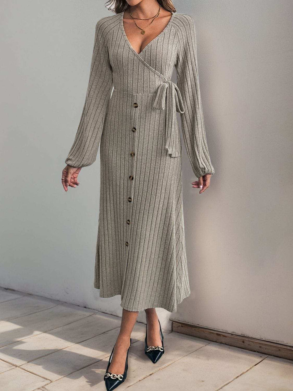 Perfee Ribbed Tied Surplice Long Sleeve Dress - Trendsi - Flyclothing LLC