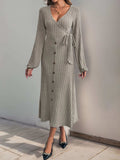 Perfee Ribbed Tied Surplice Long Sleeve Dress - Trendsi - Flyclothing LLC