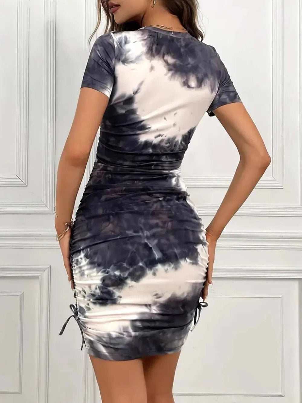 Drawstring Tie-Dye Round Neck Short Sleeve Dress - Trendsi - Flyclothing LLC