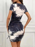 Drawstring Tie-Dye Round Neck Short Sleeve Dress - Trendsi - Flyclothing LLC