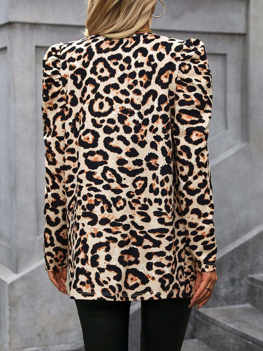 Leopard Open Front Puff Sleeve Jacket - Trendsi - Flyclothing LLC