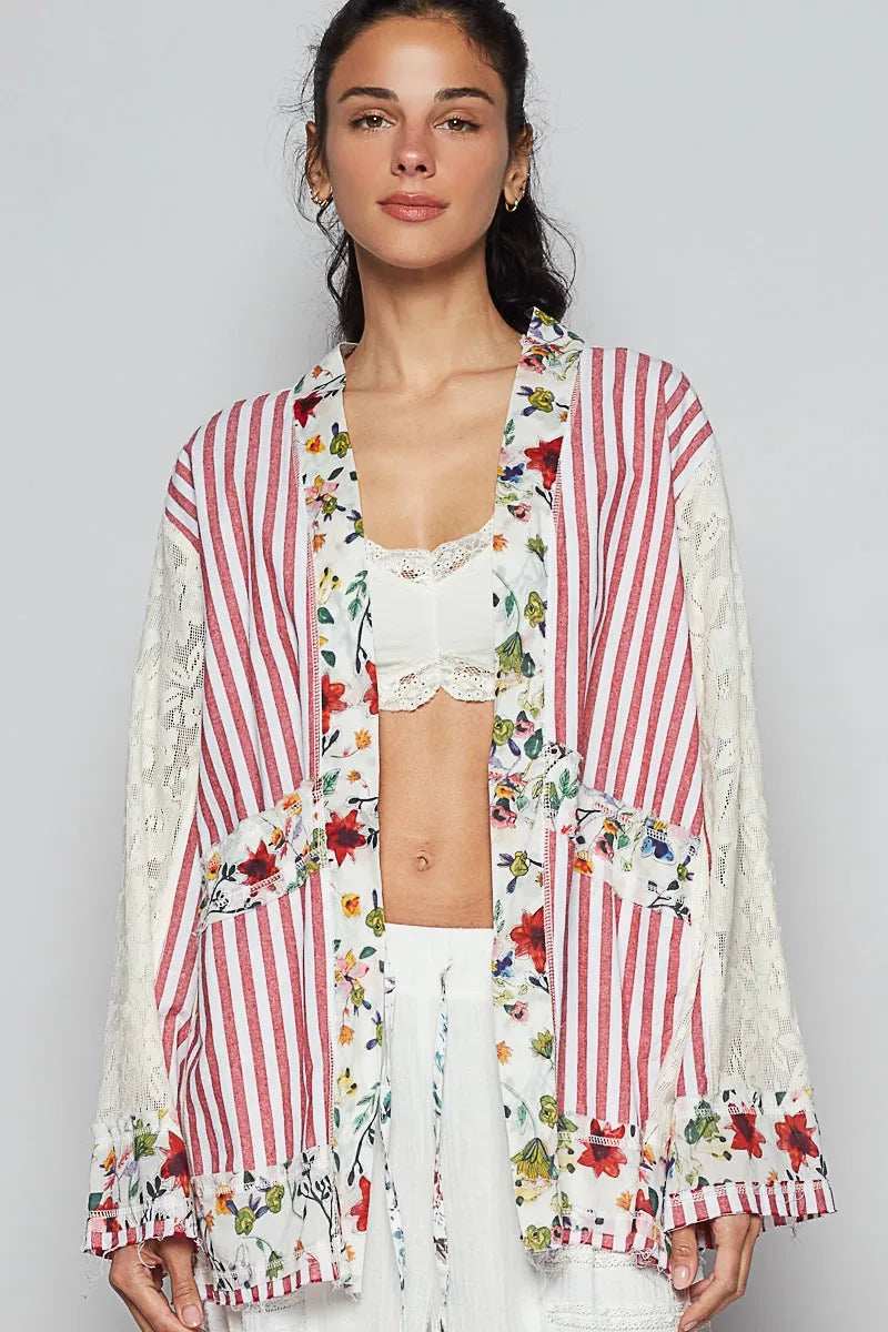 POL Lace Long Sleeve Striped Cardigan with Floral Patchwork Detail - Trendsi - Flyclothing LLC