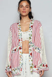 POL Lace Long Sleeve Striped Cardigan with Floral Patchwork Detail - Trendsi - Flyclothing LLC