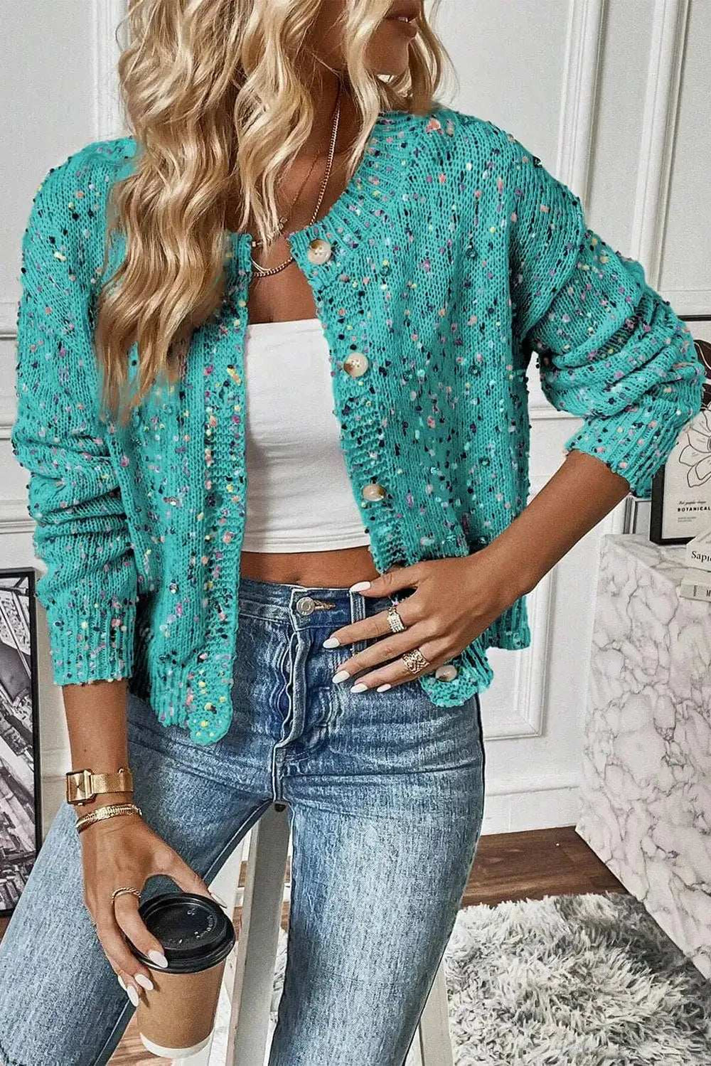 Confetti Button Up Long Sleeve Cardigan - Trendsi - Flyclothing LLC