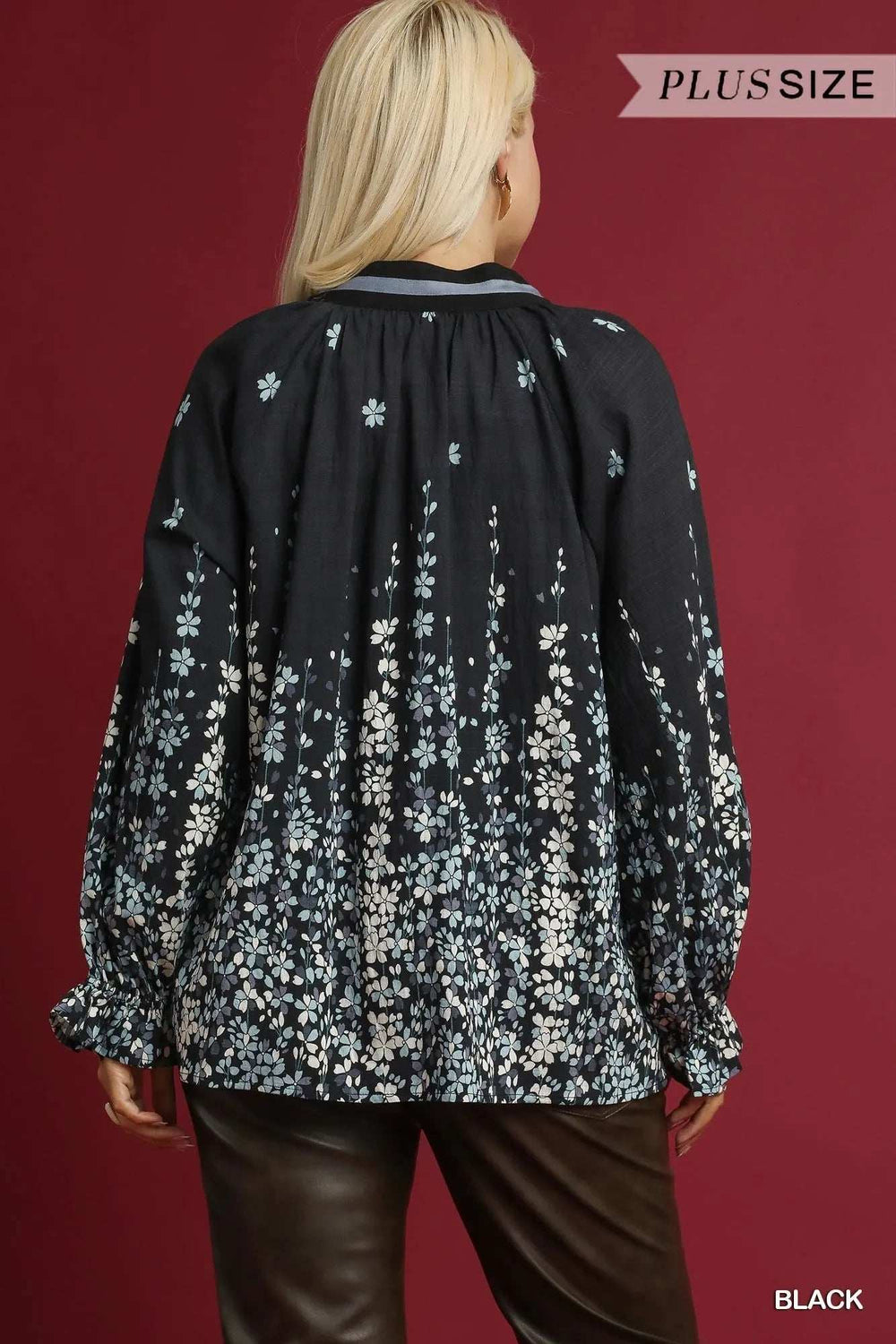 Umgee Full Size Floral Vine Print Blouse with Balloon Sleeves Plus Size - Trendsi - Flyclothing LLC