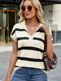 Striped Johnny Collar Cap Sleeve Sweater - Trendsi - Flyclothing LLC