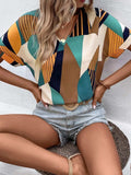 Printed V-Neck Short Sleeve Blouse - Trendsi - Flyclothing LLC