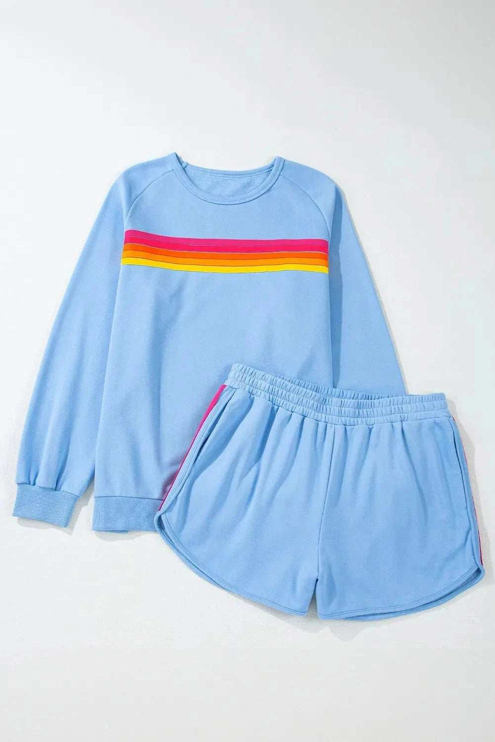 Full Size Contrast Striped Round Neck Top and Shorts Set - Trendsi - Flyclothing LLC