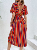 Slit Striped V-Neck Short Sleeve Midi Dress - Trendsi - Flyclothing LLC