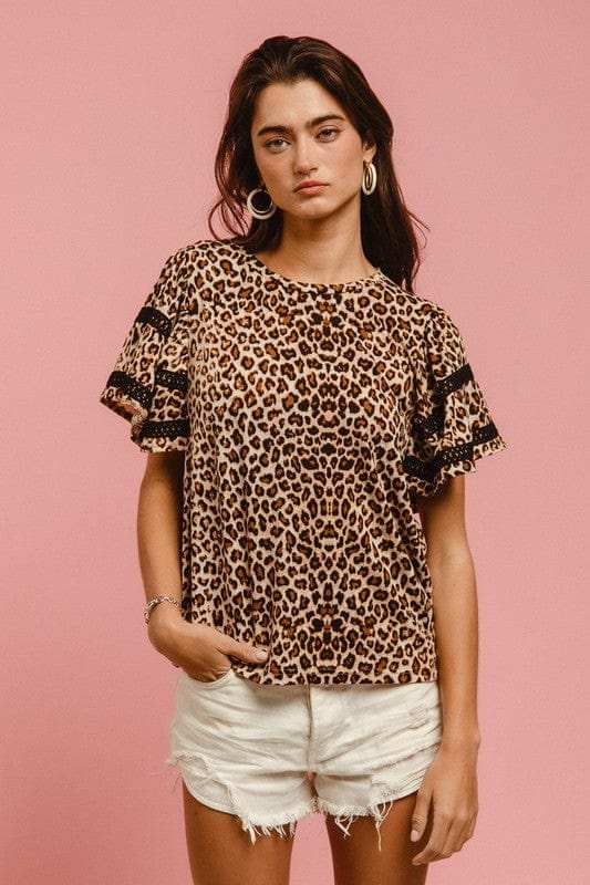 BiBi Leopard Crochet Trim Round Neck Short Sleeve Top - Trendsi - Flyclothing LLC