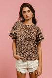 BiBi Leopard Crochet Trim Round Neck Short Sleeve Top - Trendsi - Flyclothing LLC
