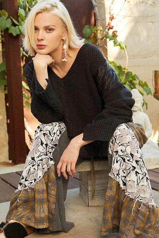 POL Cable Knit Quilting Patch V-Neck Sweater - Trendsi - Flyclothing LLC