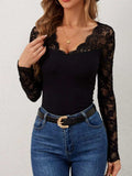 Lace Wavy Hem V-Neck Long Sleeve Top - Trendsi - Flyclothing LLC
