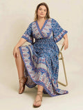 Plus Size Printed Surplice Half Sleeve Dress - Trendsi - Flyclothing LLC