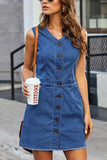 Full Size Button Up V-Neck Sleeveless Denim Dress - Trendsi - Flyclothing LLC