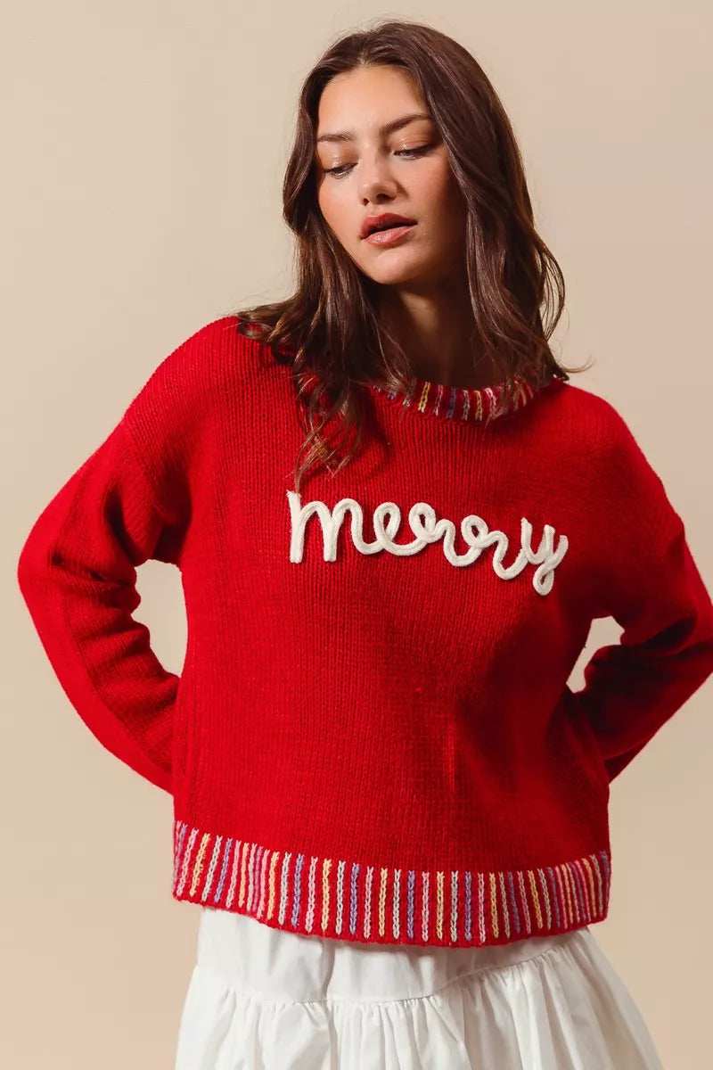 SO ME Merry Lettering Embroidered Christmas Sweater - Trendsi - Flyclothing LLC
