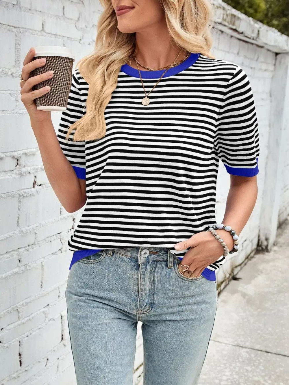 Lovelet Striped Contrast Round Neck Half Sleeve Knit Top - Trendsi - Flyclothing LLC