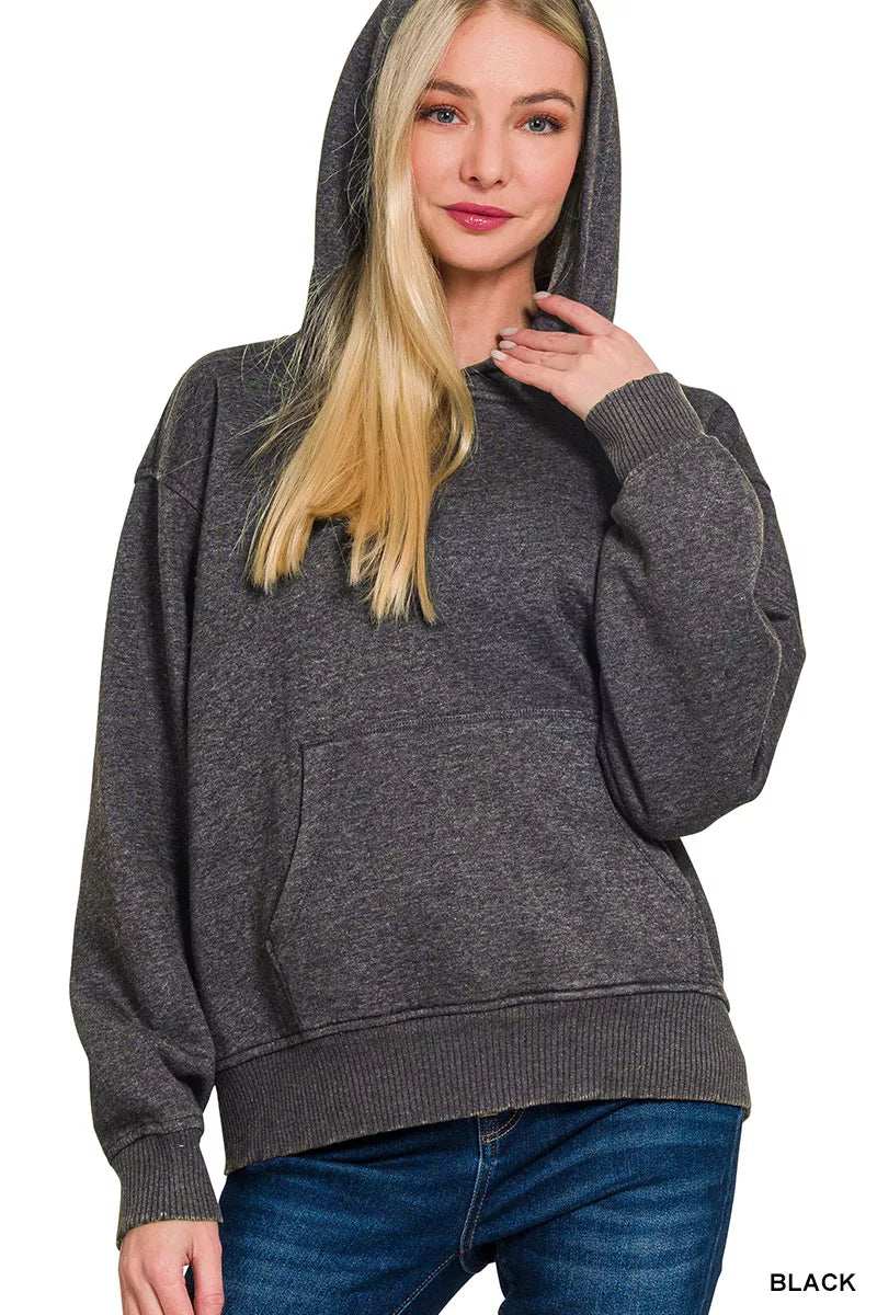 Zenana Fleece Acid Wash Kangaroo Pocket Hoodie - Trendsi - Flyclothing LLC