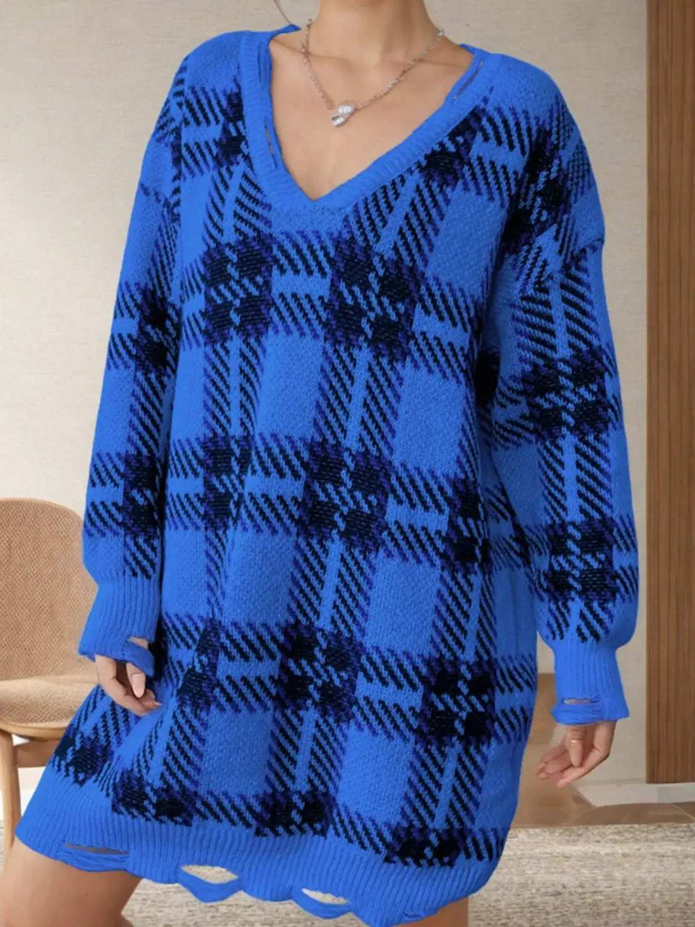 Distressed Plaid V-Neck Long Sleeve Sweater Dress - Trendsi - Flyclothing LLC