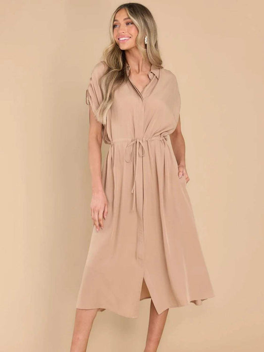 Drawstring Collared Neck Short Sleeve Midi Dress - Trendsi - Flyclothing LLC