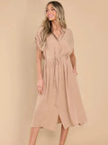 Drawstring Collared Neck Short Sleeve Midi Dress - Trendsi - Flyclothing LLC