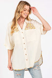 SAGE + FIG Full Size Floral Detail Button Up Short Sleeve Shirt - Trendsi - Flyclothing LLC