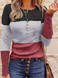 Color Block Lace Detail Half Button T-Shirt - Trendsi - Flyclothing LLC