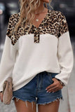 Waffle-Knit Leopard V-Neck Long Sleeve Blouse - Trendsi - Flyclothing LLC