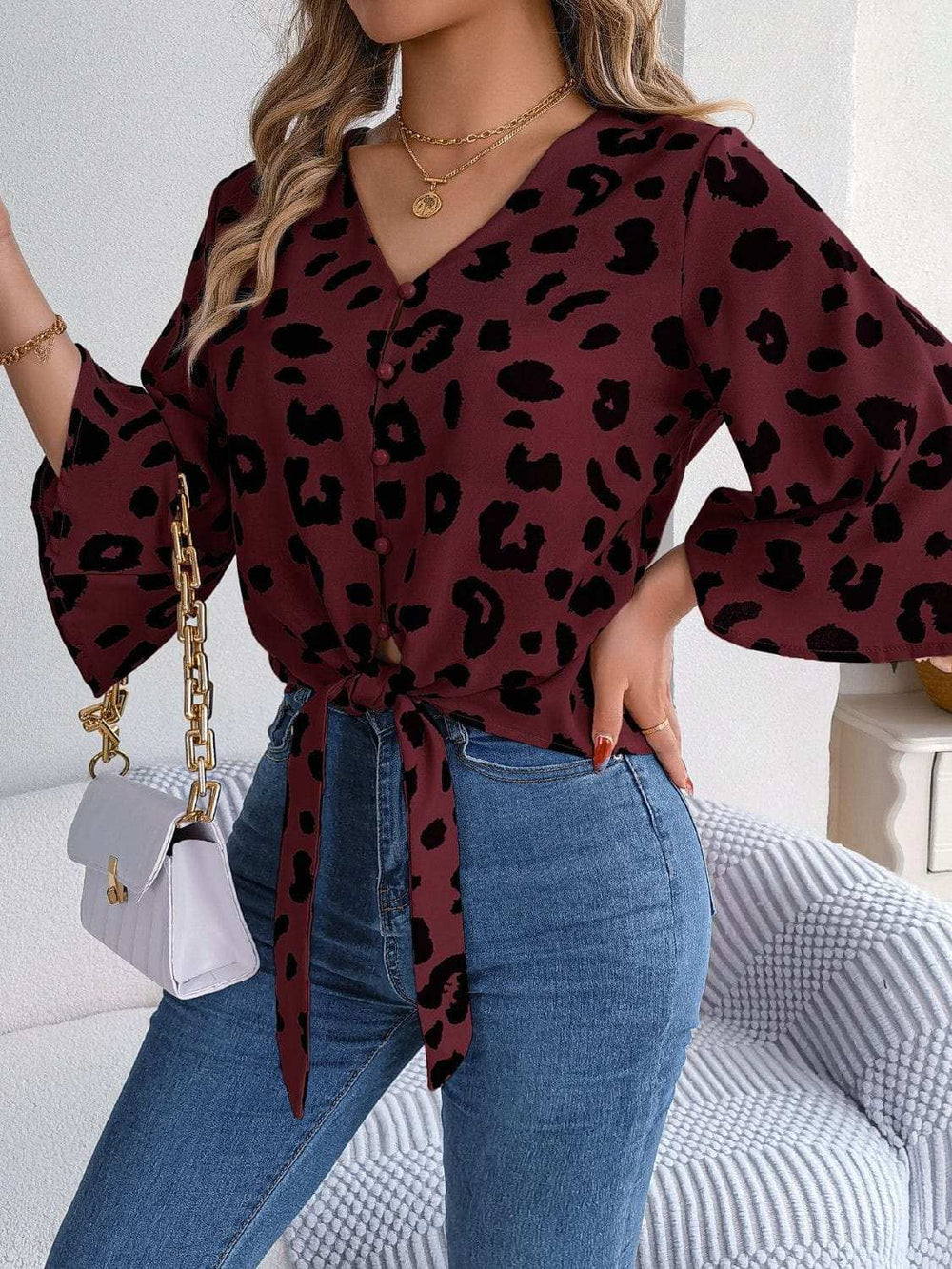 Tied Button Up Leopard V-Neck Blouse - Trendsi - Flyclothing LLC