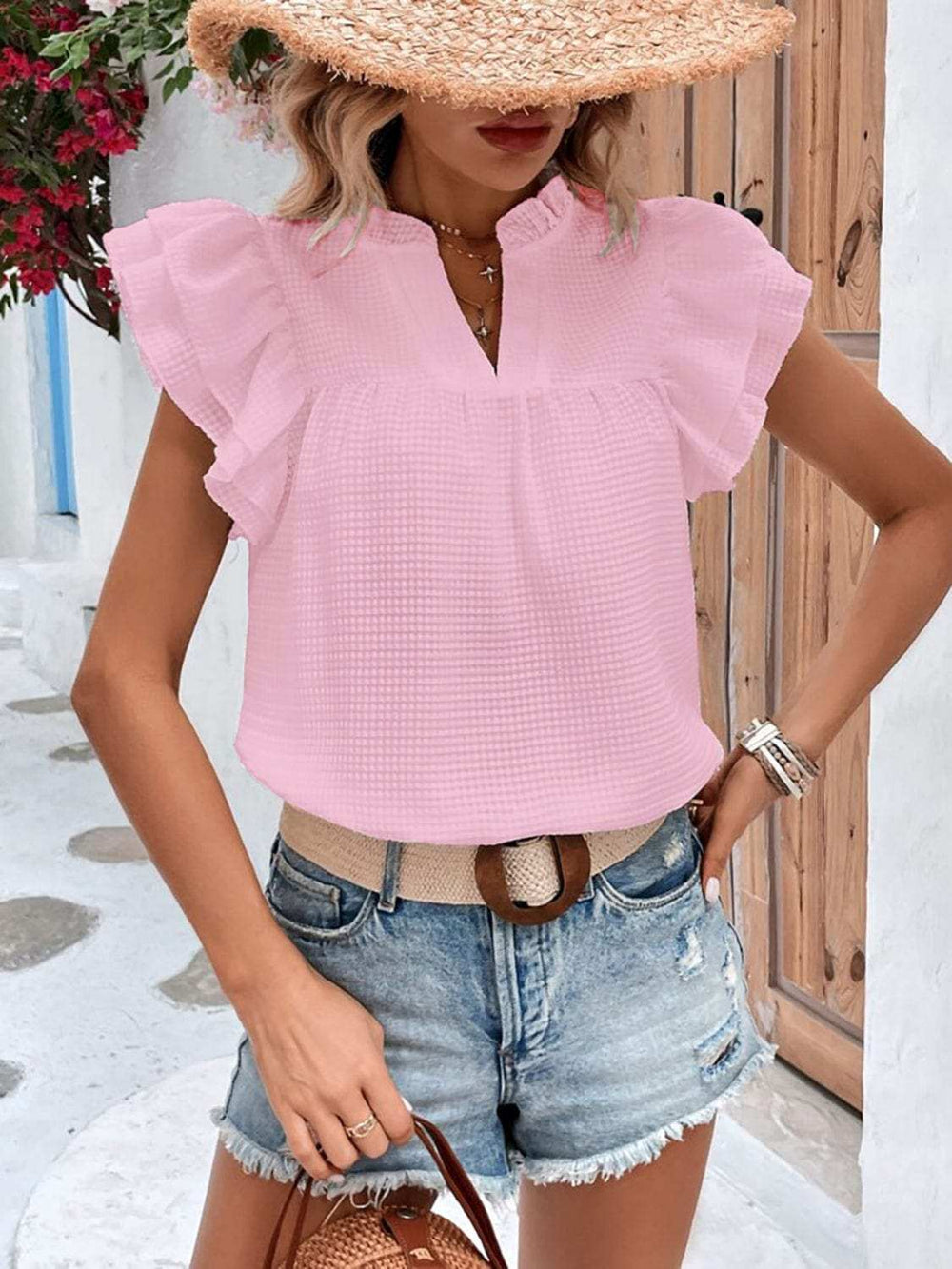 Ruffled Notched Cap Sleeve Blouse - Trendsi - Flyclothing LLC