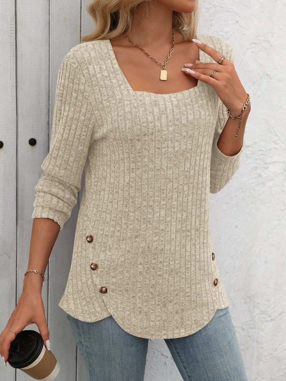 Square Neck Long Sleeve T-Shirt - Trendsi - Flyclothing LLC