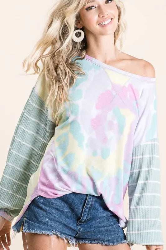 BiBi Tie Dye Terry Top with Wide Stripe Thermal Waffle - Trendsi - Flyclothing LLC