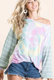 BiBi Tie Dye Terry Top with Wide Stripe Thermal Waffle - Trendsi - Flyclothing LLC