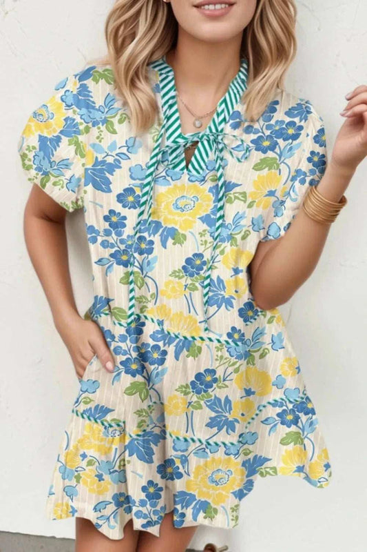 Floral Striped Trim Puff Short Sleeve Dress - Trendsi - Flyclothing LLC