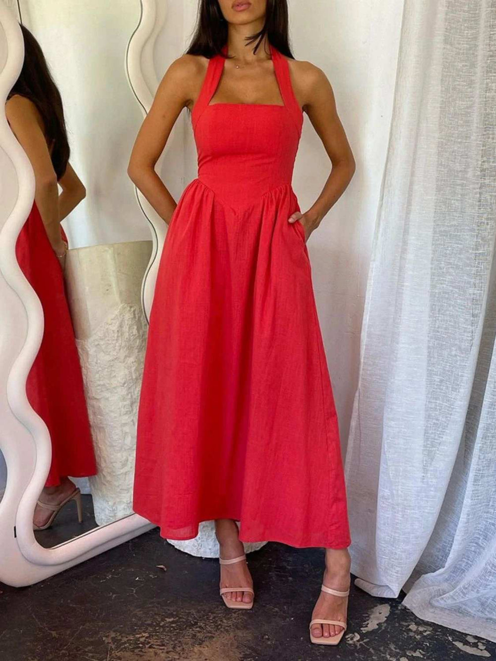 Devine Ruched Halter Neck Midi Dress - Trendsi - Flyclothing LLC