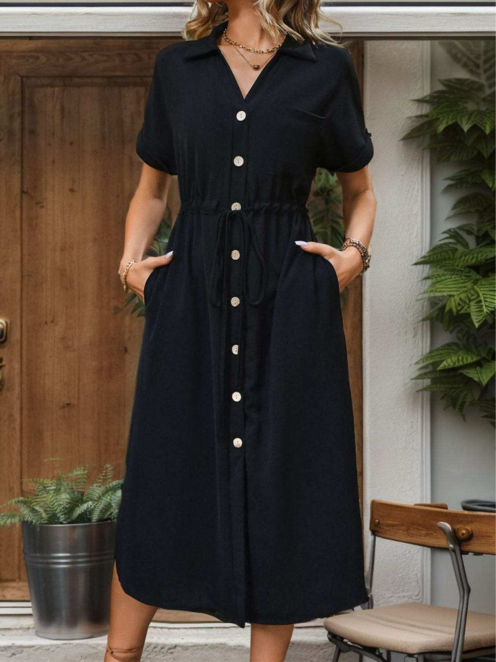 Slit Drawstring Button Up Short Sleeve Midi Dress - Trendsi - Flyclothing LLC