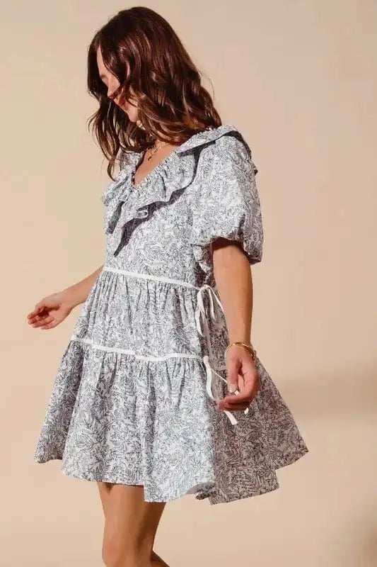 SO ME Cotton Printed Ruffle V Neckline Dress with Side Tie - Trendsi - Flyclothing LLC