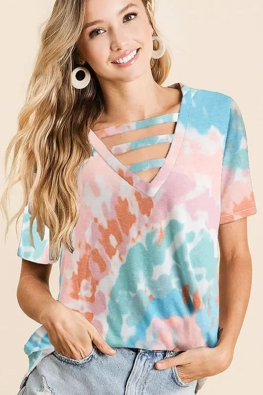 BiBi Tie-Dye V-Neck Cutout Short Sleeve T-Shirt - Trendsi - Flyclothing LLC